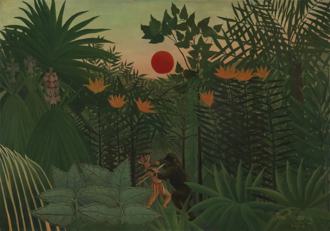 Tropical Landscape: American Indian Struggling with a Gorilla